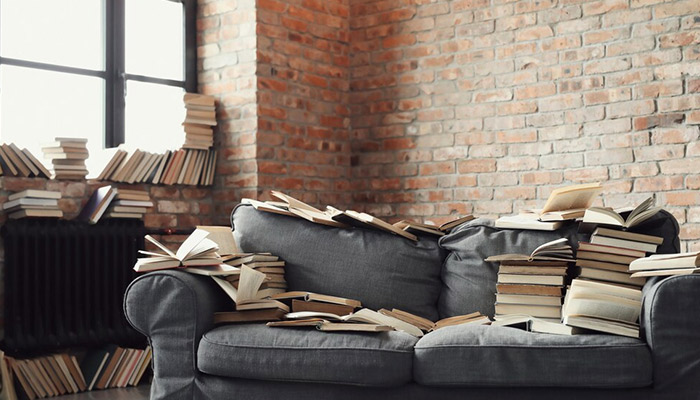 a lot of books lying on sofa