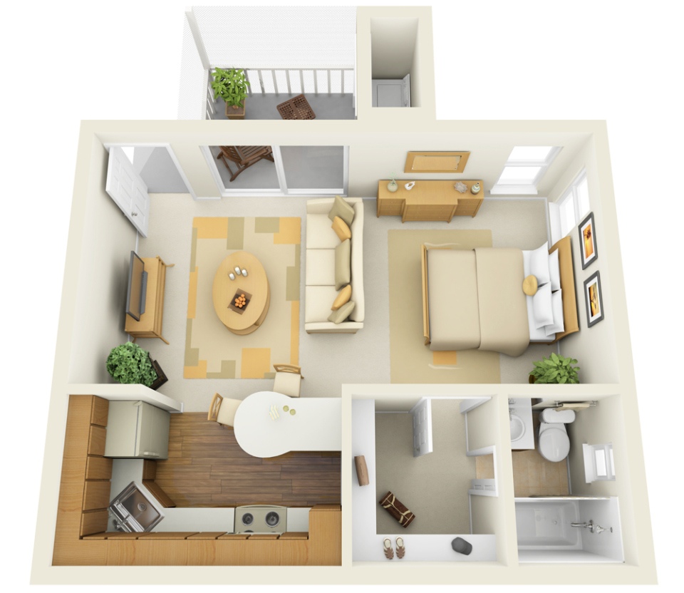 A floor plan of a studio apartment divided into multiple rooms.